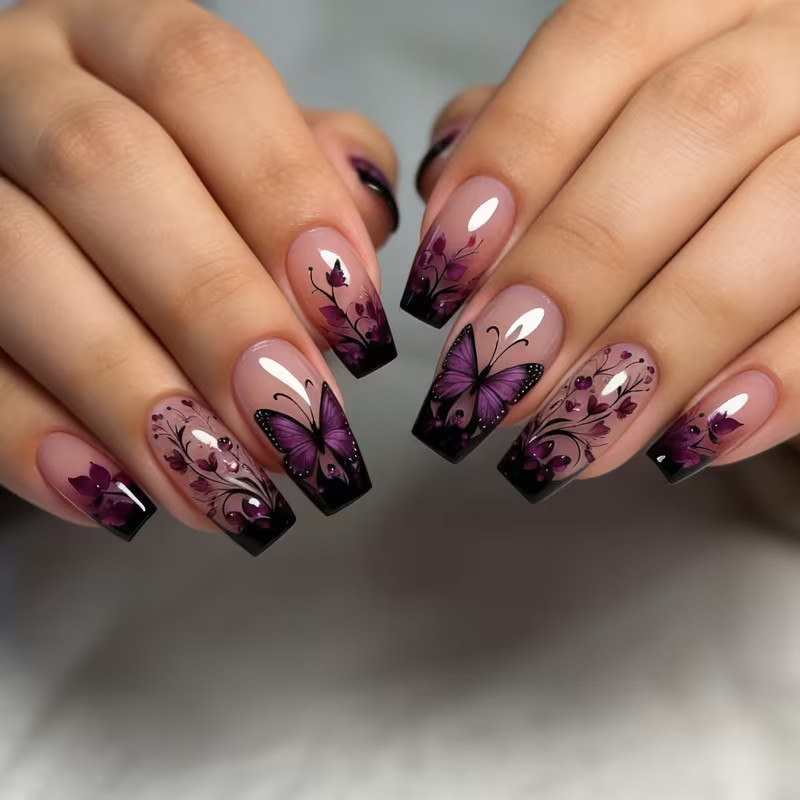 24pcs Ballet Press-On Nails, Medium Length, Glossy, Colorful Butterfly Design
