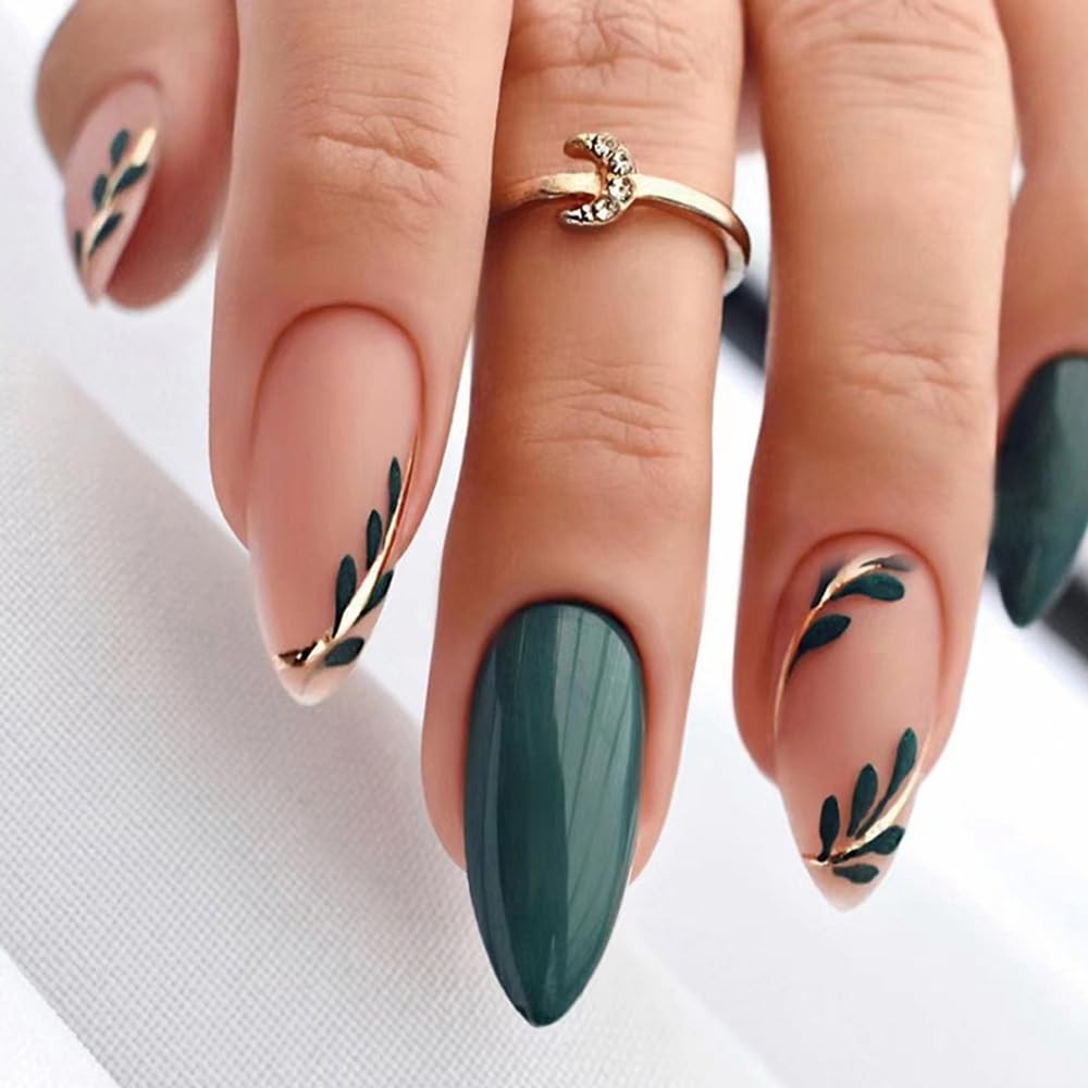 Press on Nails Almond Short Medium Green Fake Nails with Gold Leaf Design fak…