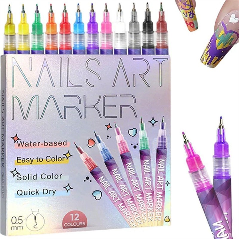 5Set 12Colors Nail Art Pens Set 3D Quick-Dry 0.5MM Nail Polish Pens DIY Manicure