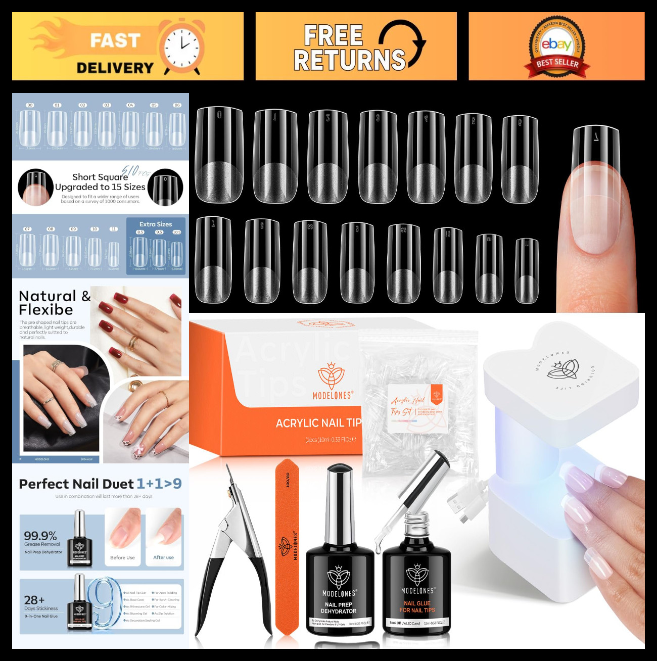 Nail Gel Kit with 15 Short Square Tips, 9-in-1 Glue & Portable LED Lamp – 510 Pc