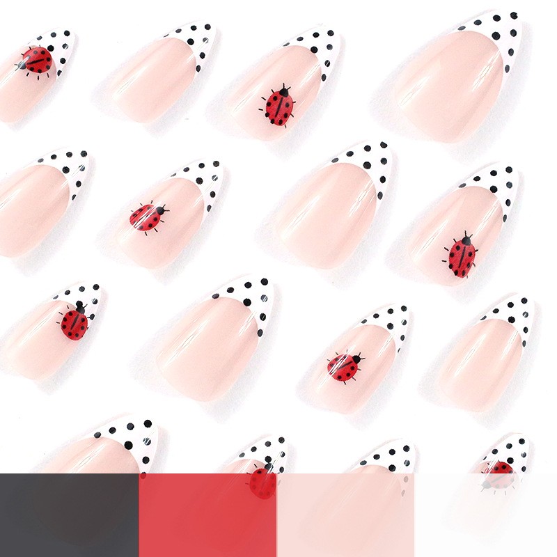 48pcs Almond Press on Nails, White French Dot Ladybug Hand Paint Cute Nails