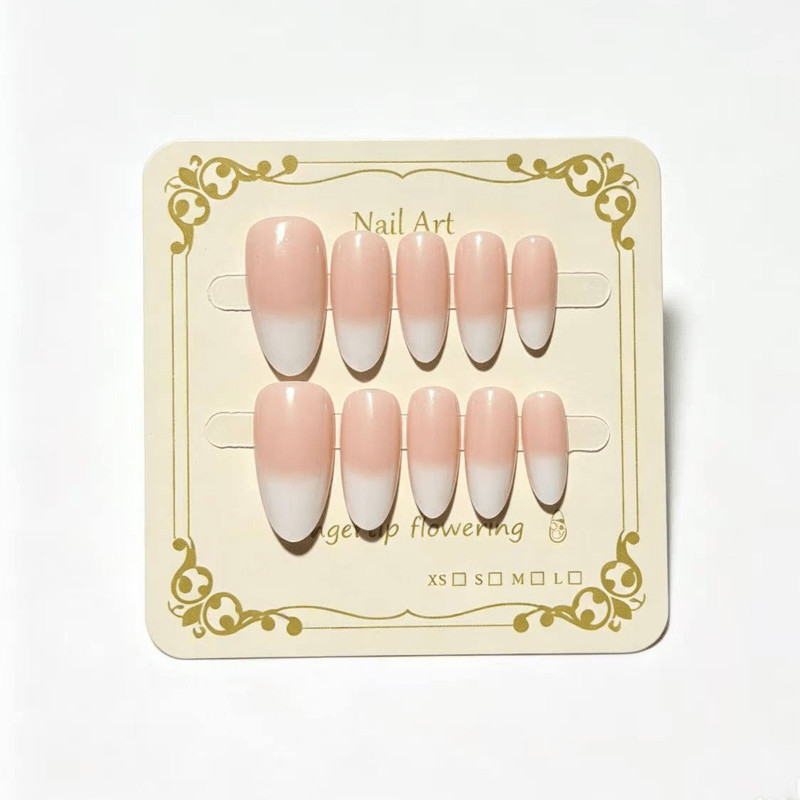 48 Pcs White Nude Gradient Almond Press on Nails, Glossy Soft Daily Fake Nails