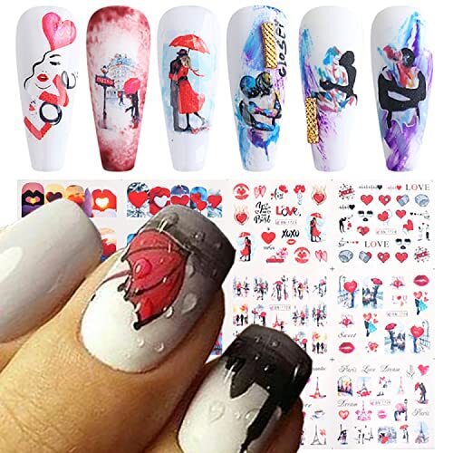 12 Sheets Nail Stickers Love Tower Umbrella Patterns Design Valentine’s Day