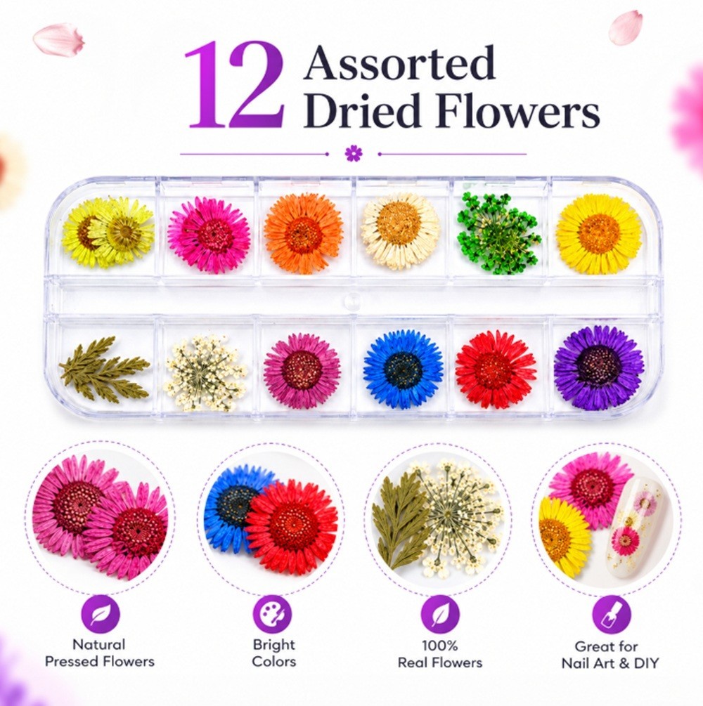12-Color Real Dried Flowers Nail Art Set – 3D Decors DIY Manicure Tips Box