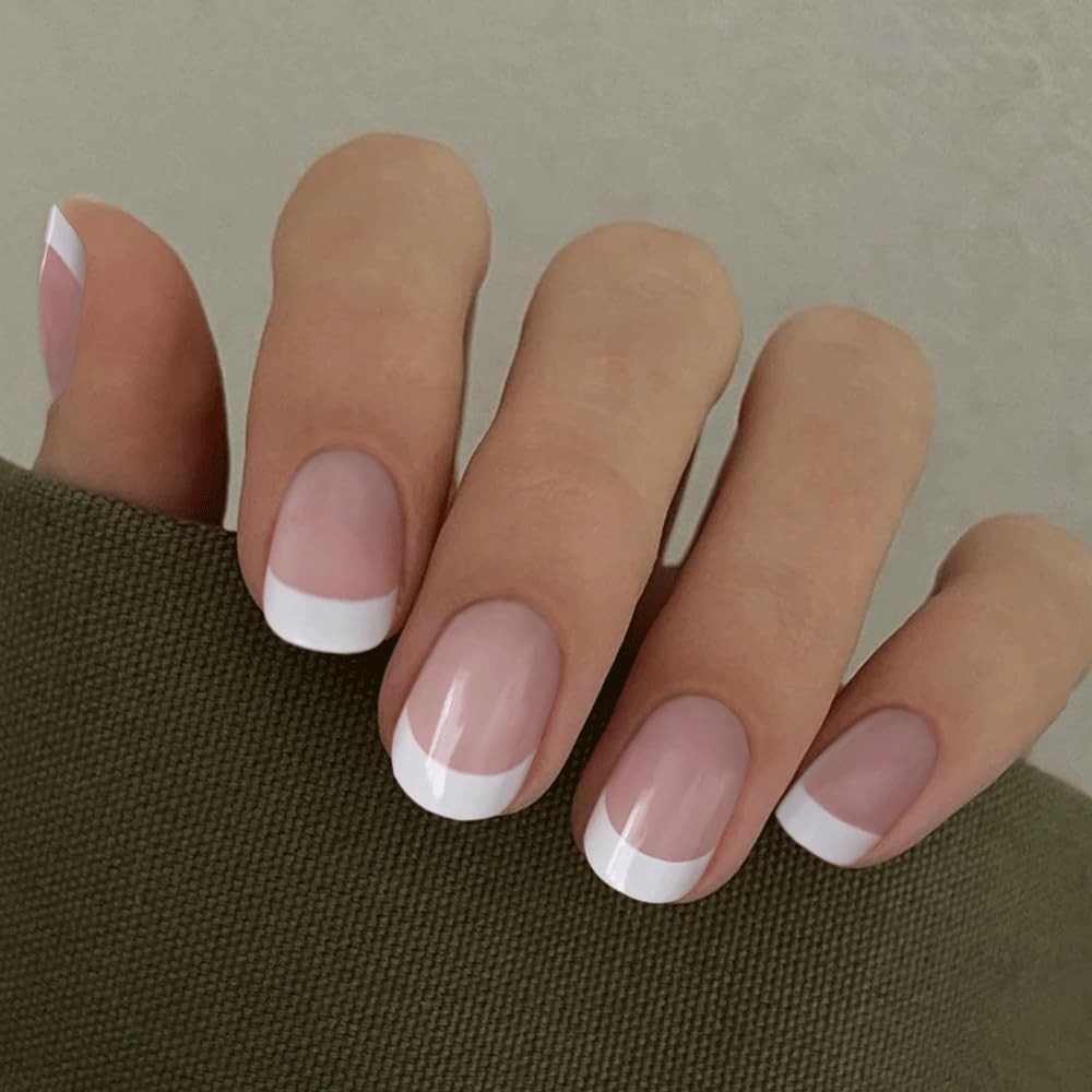 Curvlife Press on Nails 30Pcs Short Square French Natural Acrylic Fake Nails