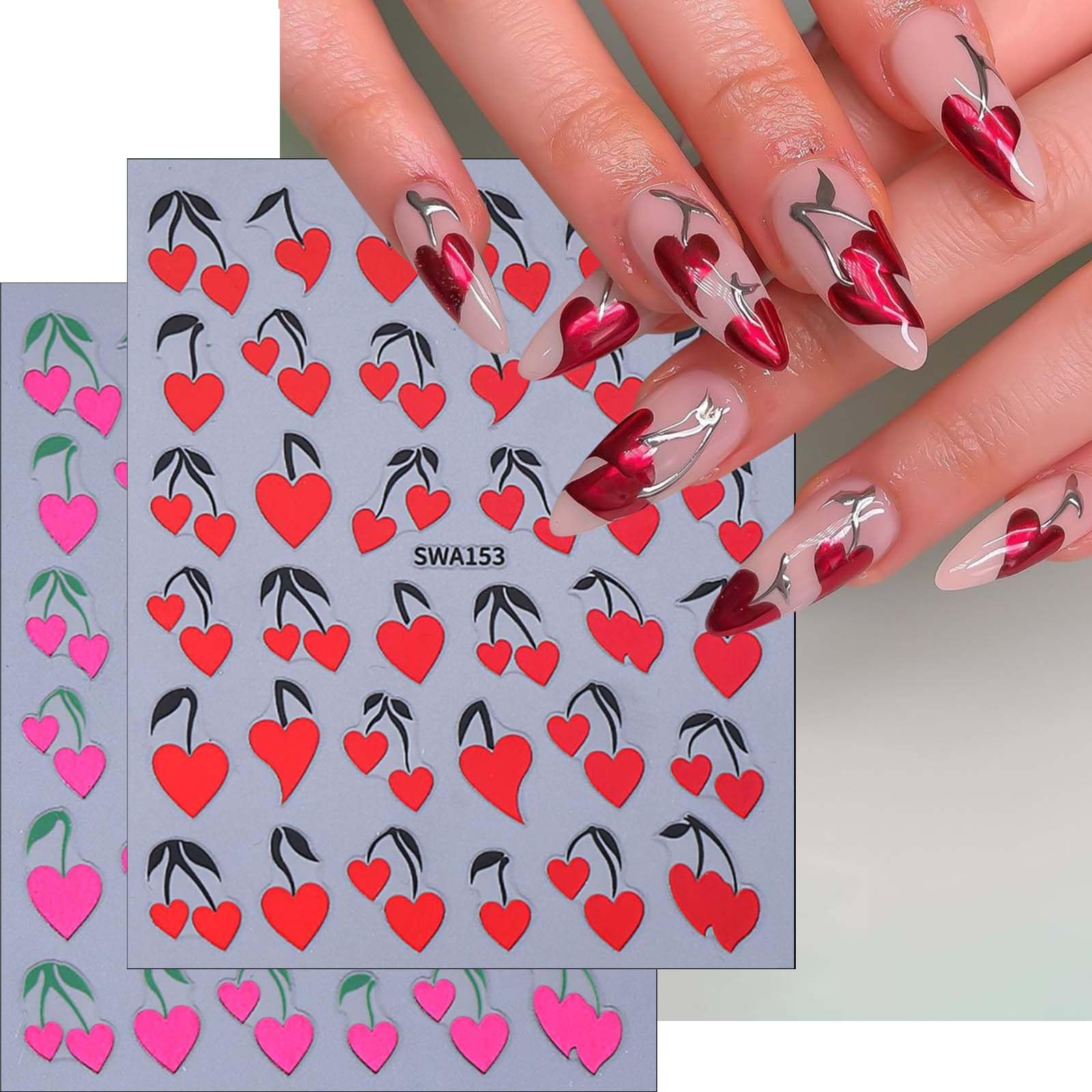 8Sheet Valentine Nail Stickers Pink Red Heart Nail Art Stickers Metallic Pink…