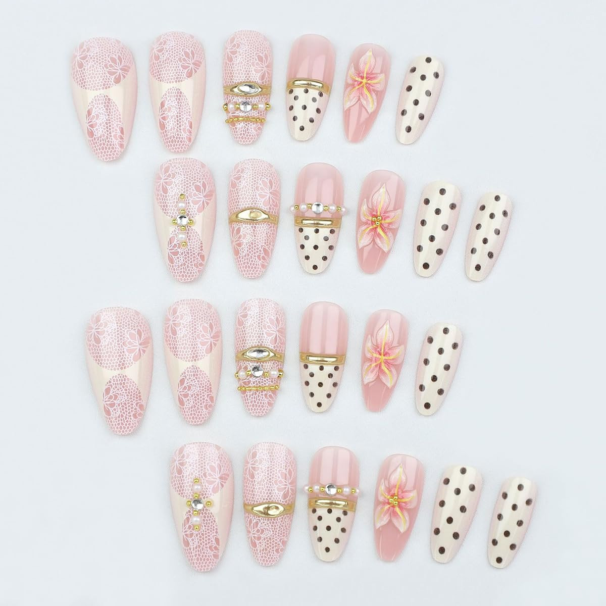 24Pcs Pink Flower Press on Nails Medium Almond Fake Nails 3D Pearl Gold Gems Rhi