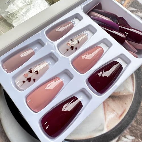 24pcs Coffin Press on Nails Medium Heart False Nails style23-red heart