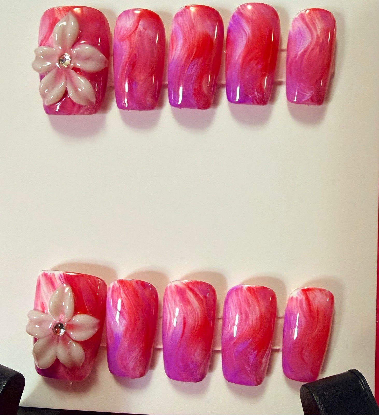 Pink/Purple/White Marble 3D Flower Coffin Press-On Nails, Long Shiny Acrylic