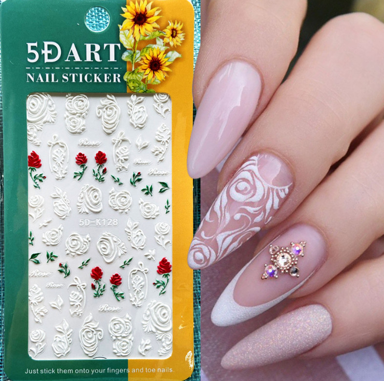 Valentine White 5D Embossed Love Rose Flower Toe Nail Art Stickers Manicure NS17
