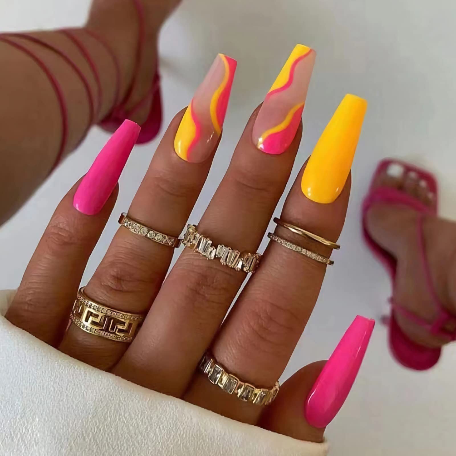 24 Pcs Acrylic Press on Nails Long Fake Nails Colorful Stripes Glue on Nails …