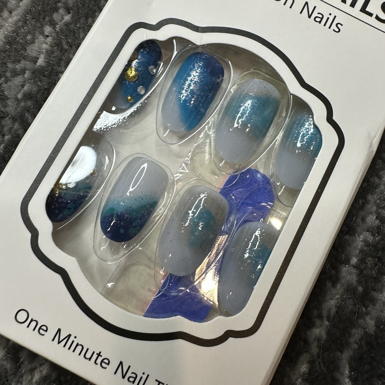 Fake Nails 3D Blue Press On 24 Pack Kit Shell Ocean Gradient Medium Oval New