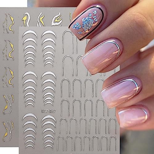 6 Sheets Shiny French Line Nail Art Stickers Decals 3D Glitter Gold Colorful -6