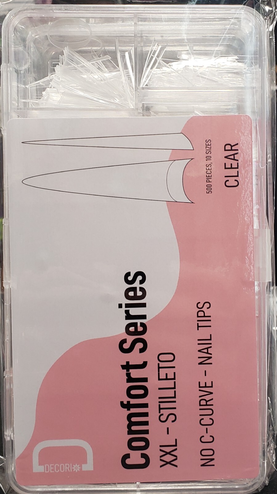 Adoro Nail Tips XXL-STILETO CLEAR NO C-CURVE 500 Pcs 10 Sizes