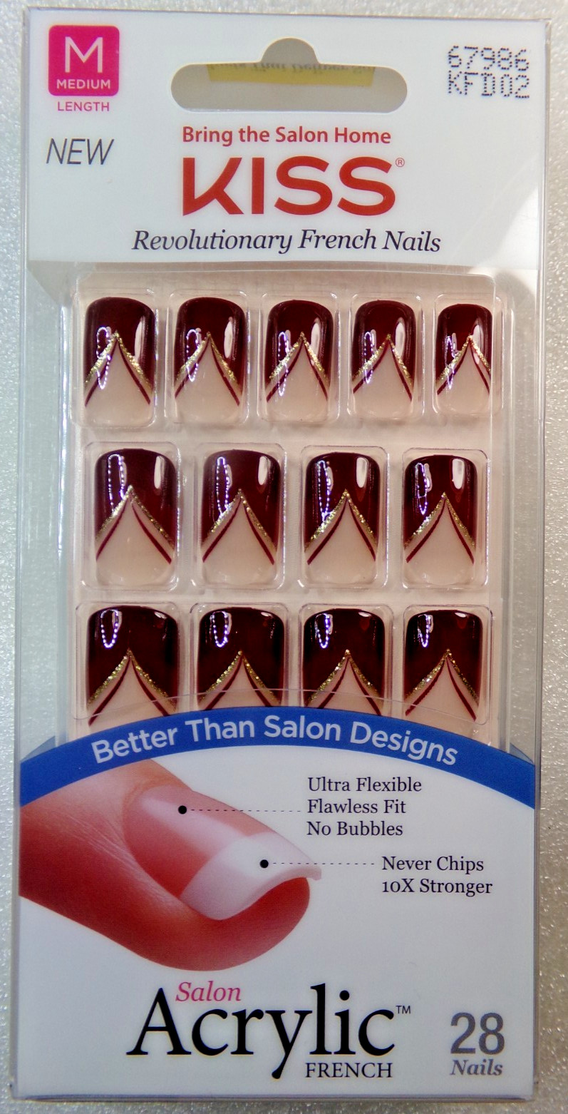 KISS Revolutionary French Nails Burgundy RED GLUE ON Medium -Square KFD02