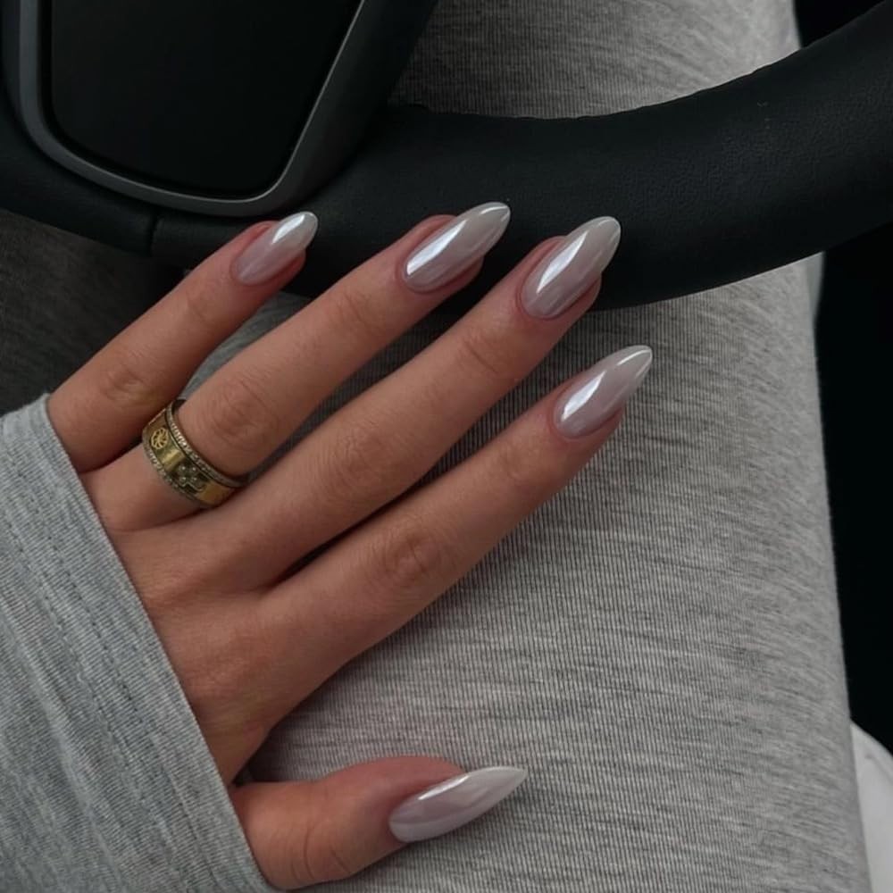 Glamorous 24 Pcs Chrome White Almond Nails – Safe Acrylic Full Cover Design