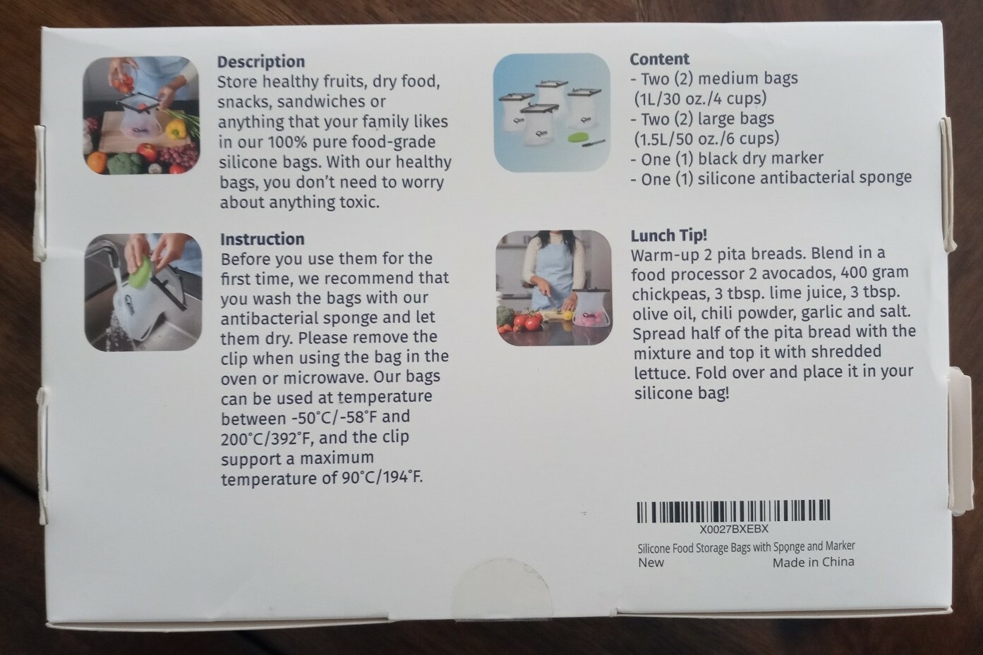 QUIRASANO Silicone Food Storage Bags with Sponge and Marker.New