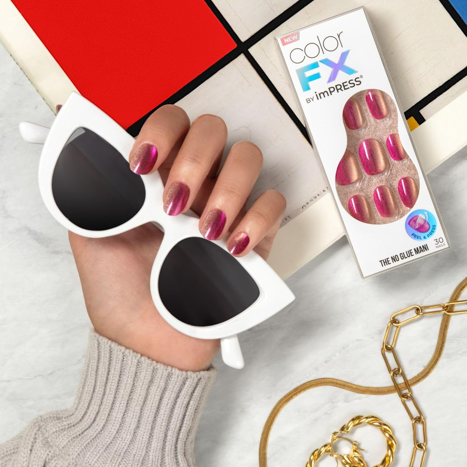 Kiss Impress No Glue Mani Press on Nails, Colorfx, ‘Walk Out’, Pink, Short Size,