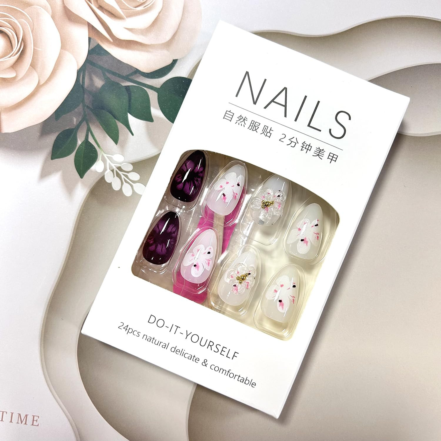 Press on Nails Medium Length Almond Shaped 3D Flower False Nails with Gold Rhine