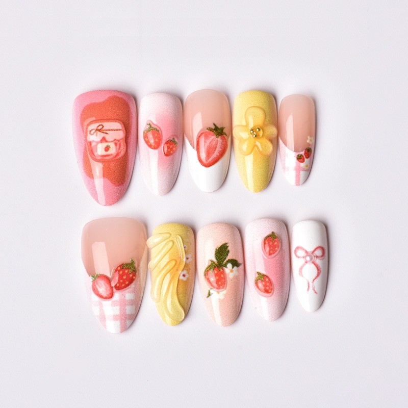 60pcs-Strawberry Press on Nail with 3D Charms and Floral Art, Short Almond Nails