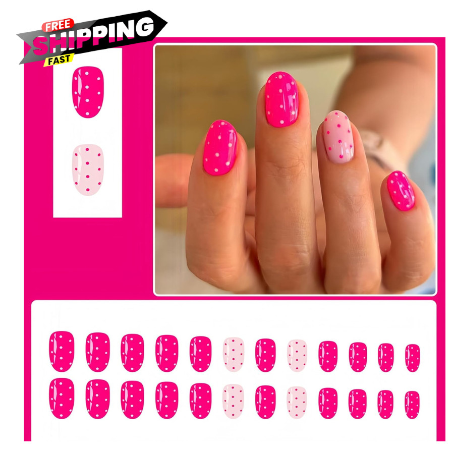 24 Pcs Pink Polka Dot Press On Nails Short Oval Fake Nails for Women Manicure