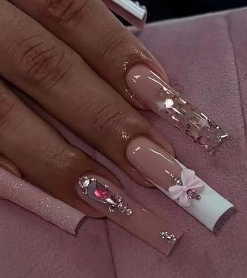 Press on Nails Extra Long – Square Press On Nails 05-French Tips with Bows