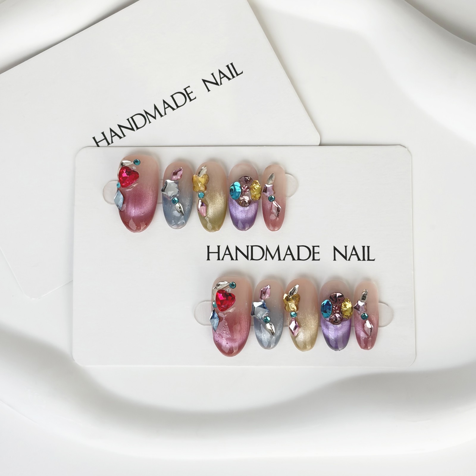 Rainbow Sugar Diamond Press-On Nails Medium Oval Sweet Cool Style Handmade Set