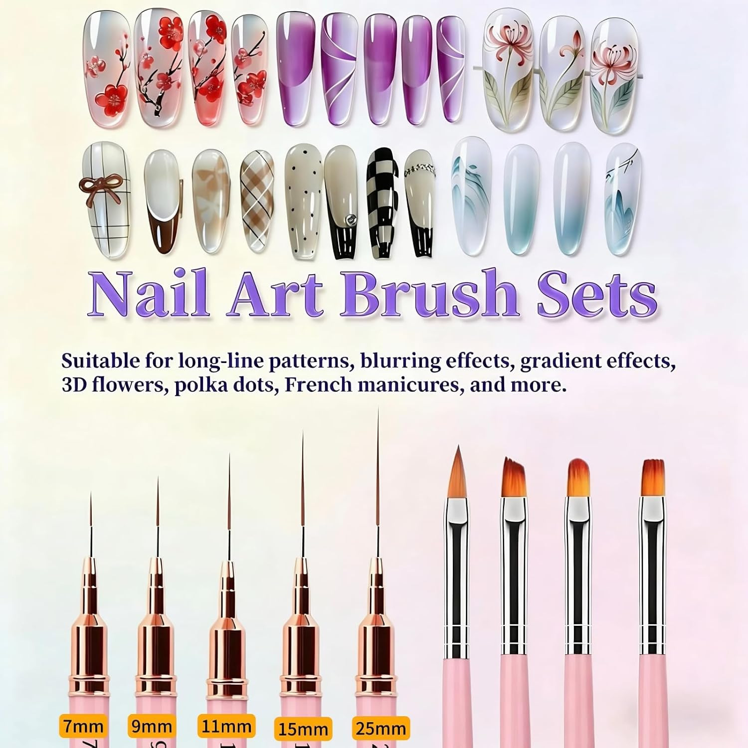 9Pcs Nail Art Brushes Set, 5 Pink Art Liners & 4 Multi-Shape Gel Brushes | Sizes