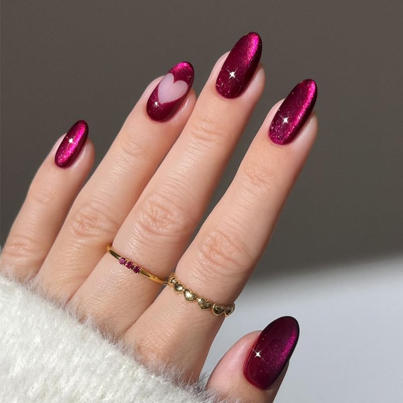 Cat Eye Press on Nails Hot Pink Love Heart Design Short round for Women Glossy F
