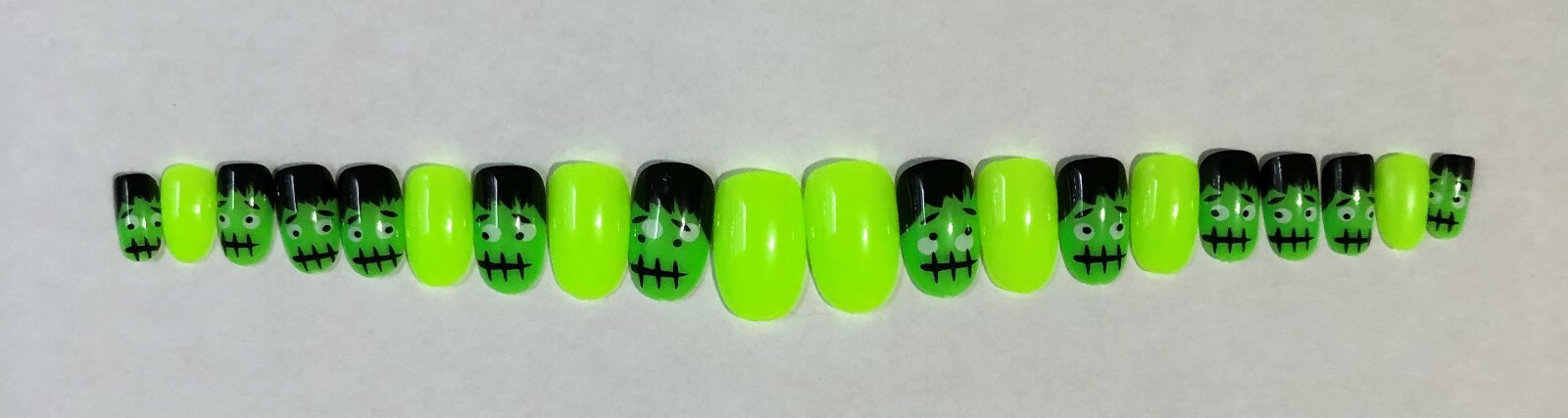 Frankenstein Glow in the Dark Nails- (Set of 20 sizes 0-9) Short Oval,Pre-tabbed