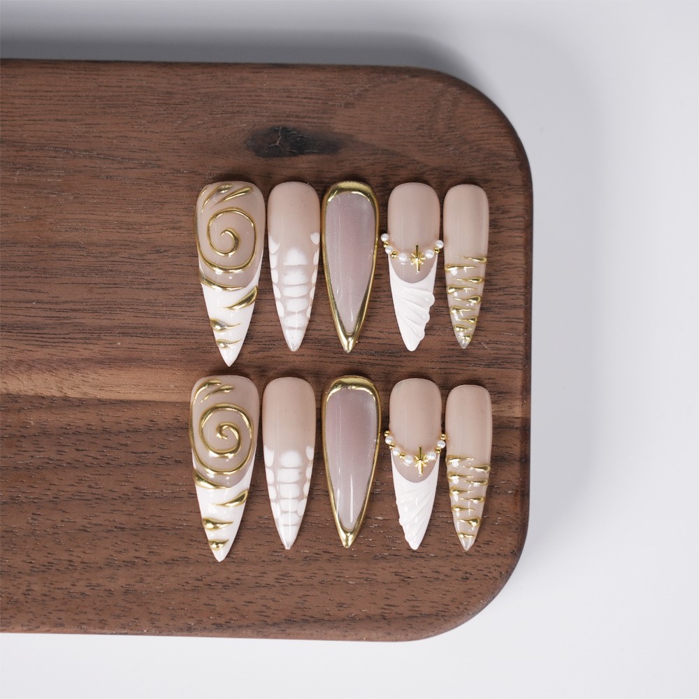 10p-Nude White Press on Nails Medium Almond Gold Swirl Pearl Star Design Accents