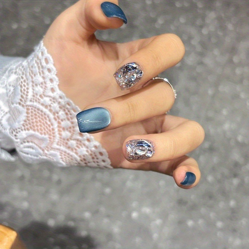 10Pcs Handmade Squoval Nails, Glitter Sequins, Elegant for Party & Daily Use