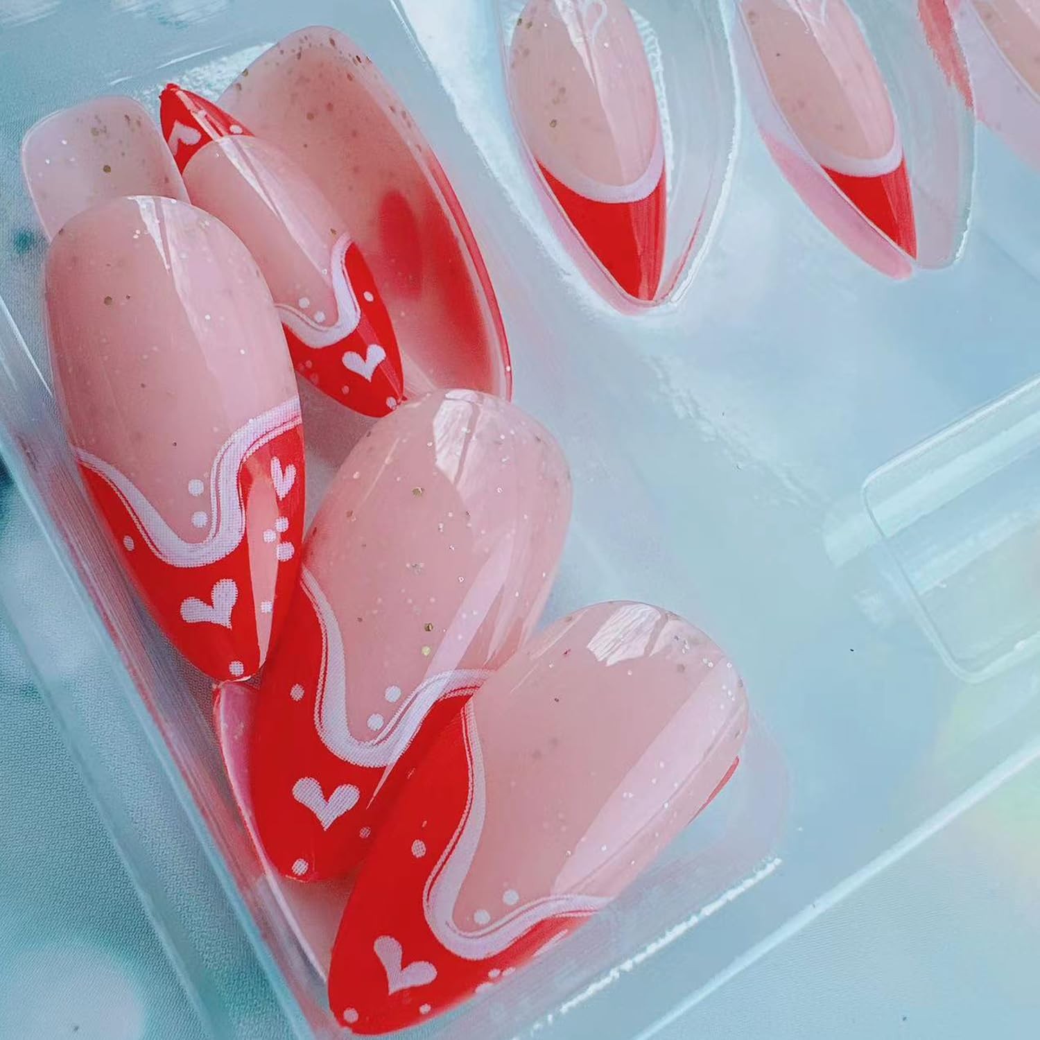 Valentine’s Day Press on Nails Almond Medium Fake Nails with Red Heart Glitte…