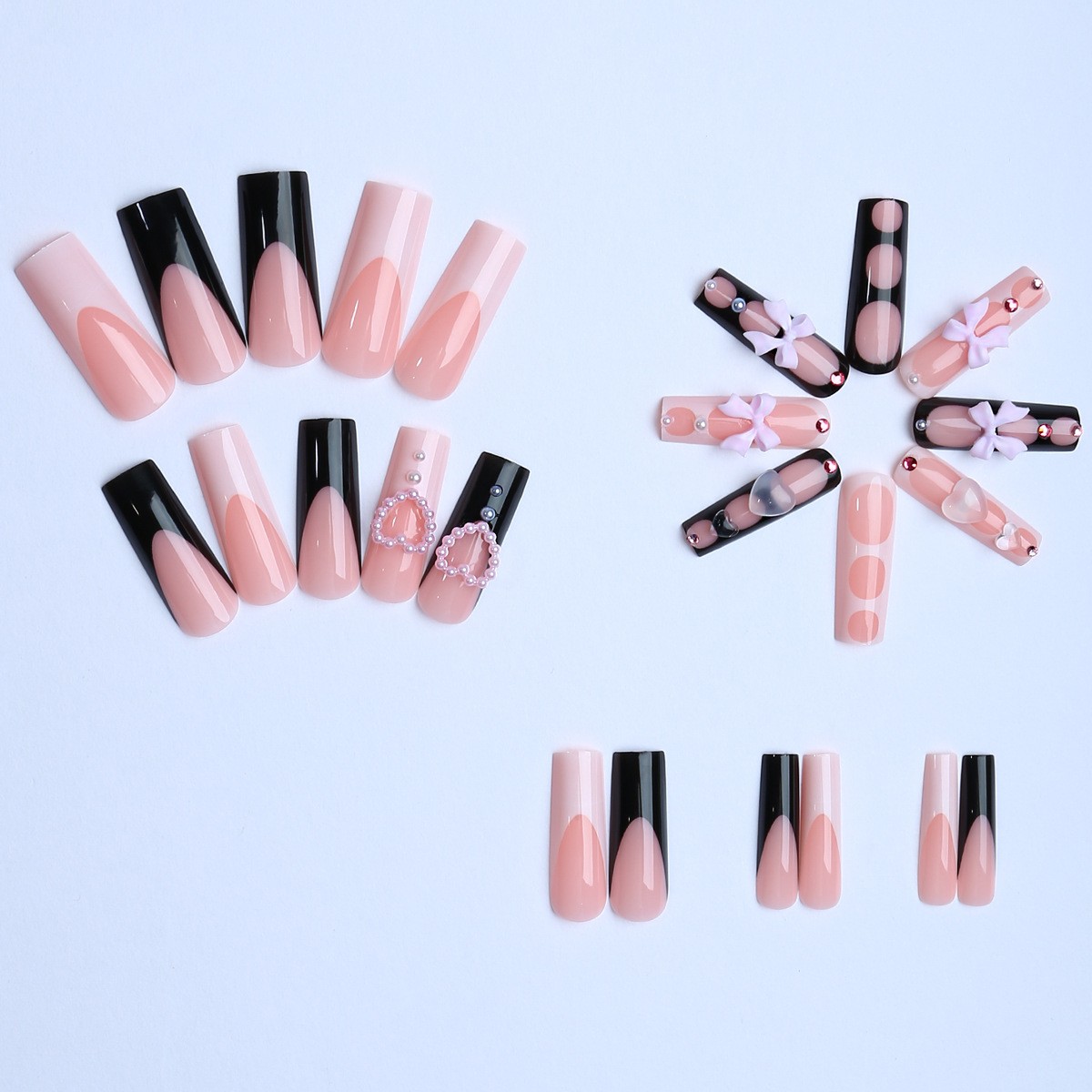 48 Pieces of Black and White French Dot Diamond Bow Pearl Heart Fake Nail Art