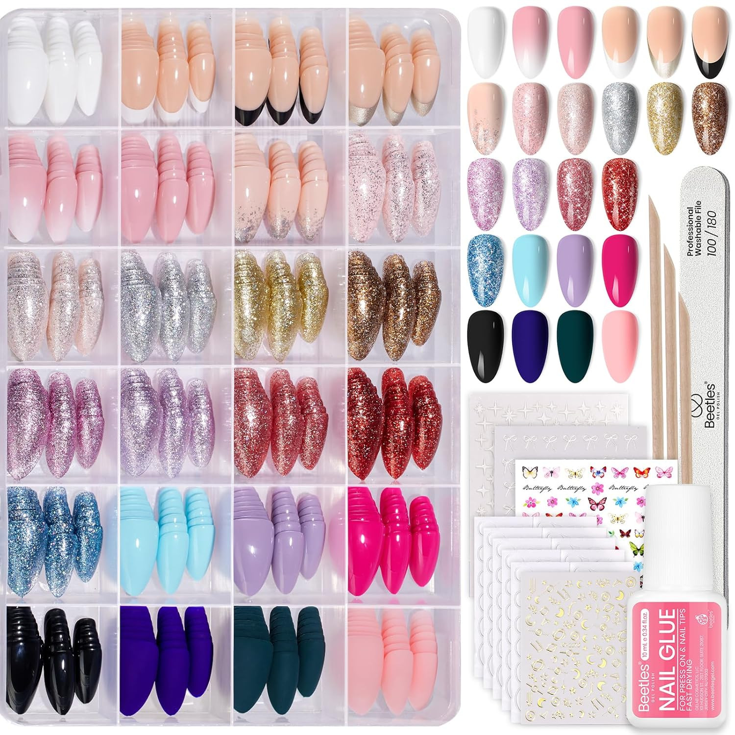 Beetles Press on Nails Kit 720Pcs 24 Colors, Short Almond Press on Nail Glossy M