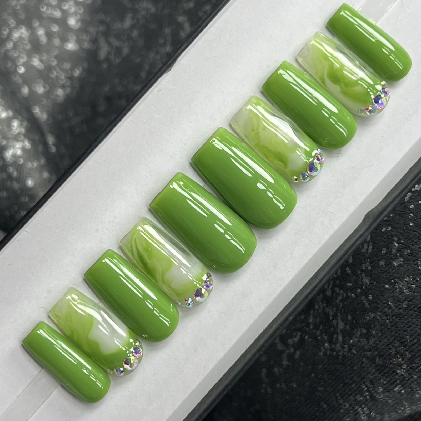 🍏 CUSTOM Gel Press On Nails, GREEN W/ BLING, 10p Set, FULL KIT, Medium Square