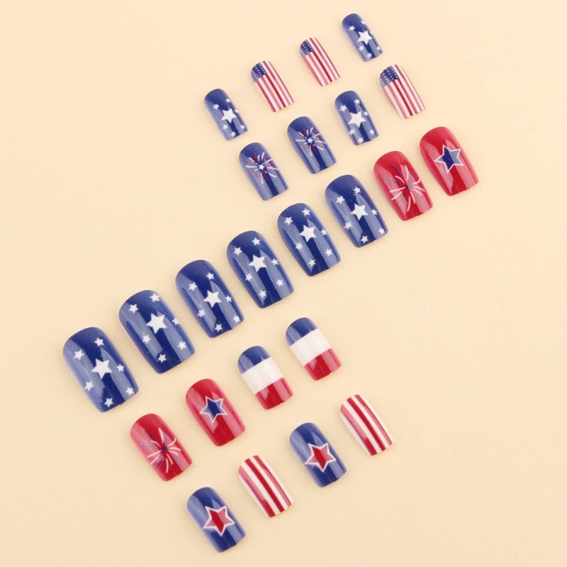 48pcs-Patriotic Fake Nails with Red, White & Blue Stars, Stripes and Fireworks