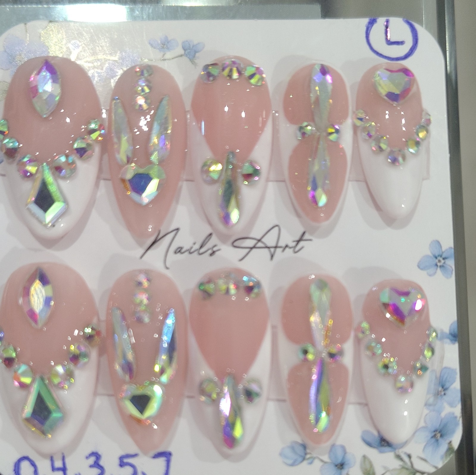 3D Rhinestone Press-On Nails Pink White Long Almond Full Cover Size Large