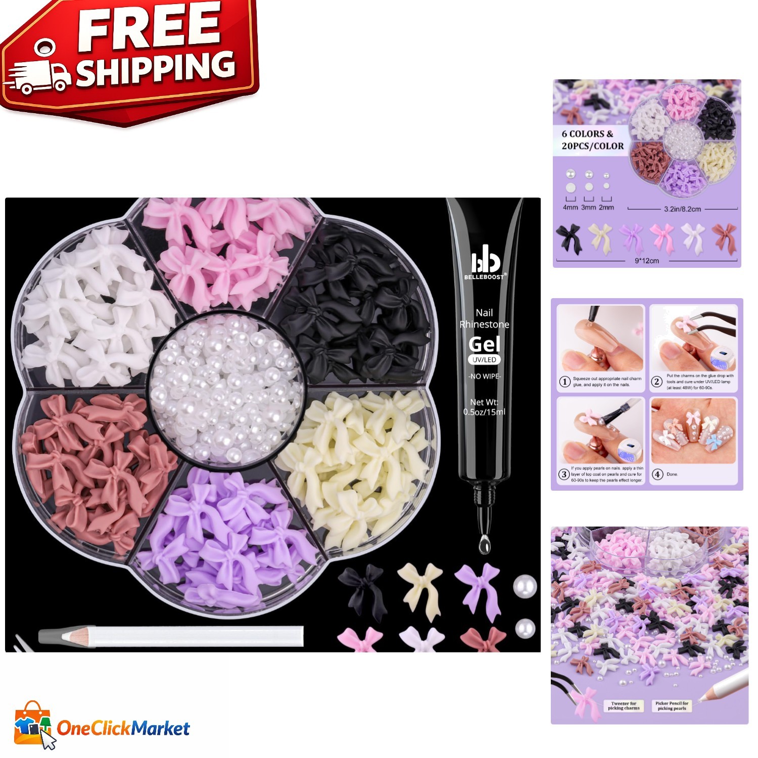 Colorful 3D Nail Bow Charms Set – 120 Pcs with Glue Gel & Pickup Tools Included