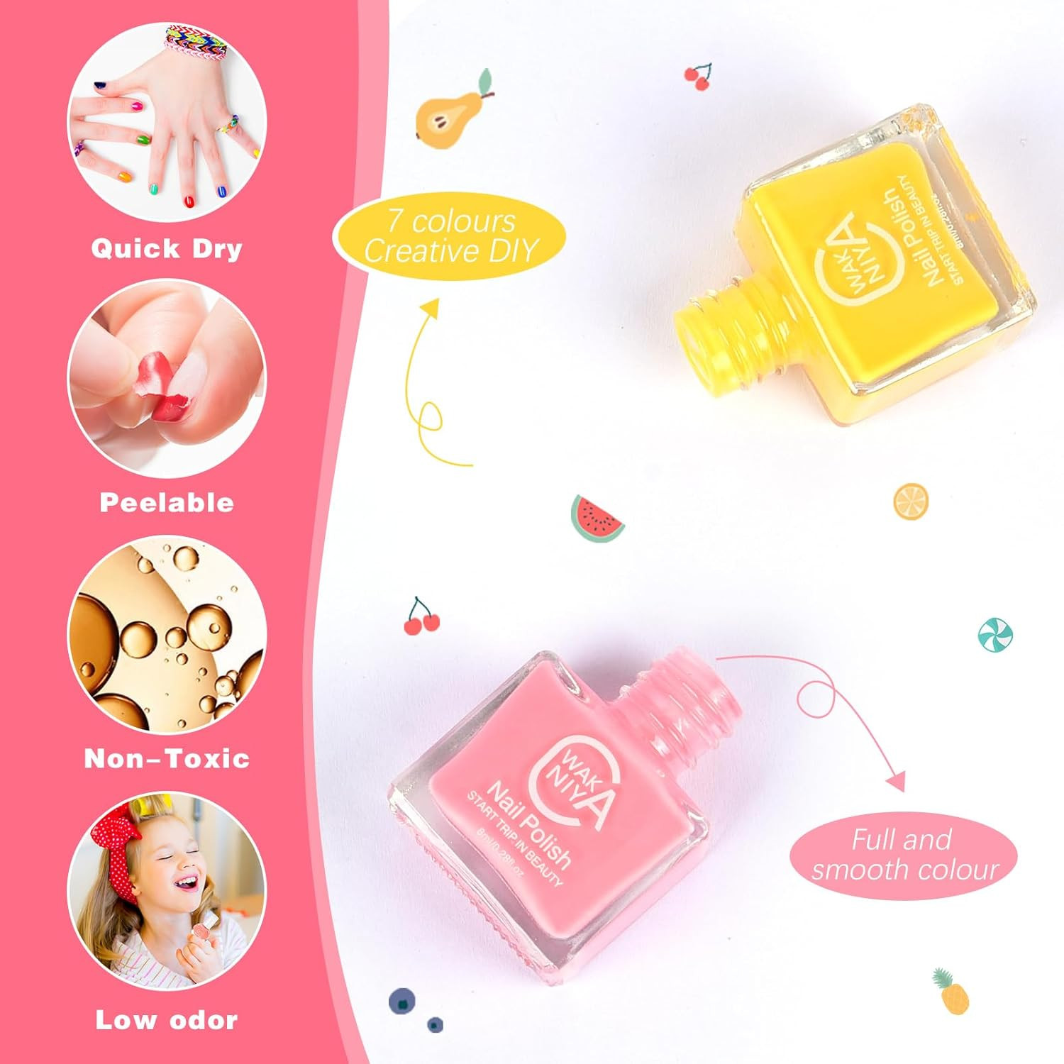 Kids Non Toxic Nail Polish Set for Girls with Gems Nail Stickers, 7 Color Peel-O