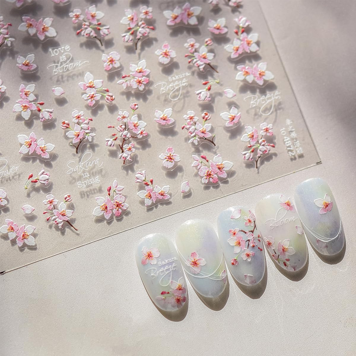 1Pcs Spring Nail Stickers Pink Cherry Blossoms Nail Decals 3D Self Adhesive Flow