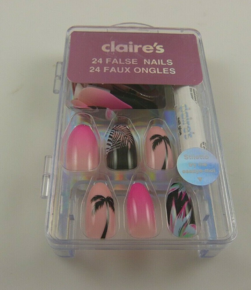 Claire’s faux nails summer palm trees pink black blue glue elegant fun