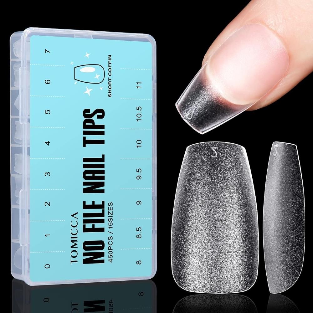 TOMICCA Short Coffin Nail Tips 450Pcs Soft Pre Shaped Gel Nail Tips