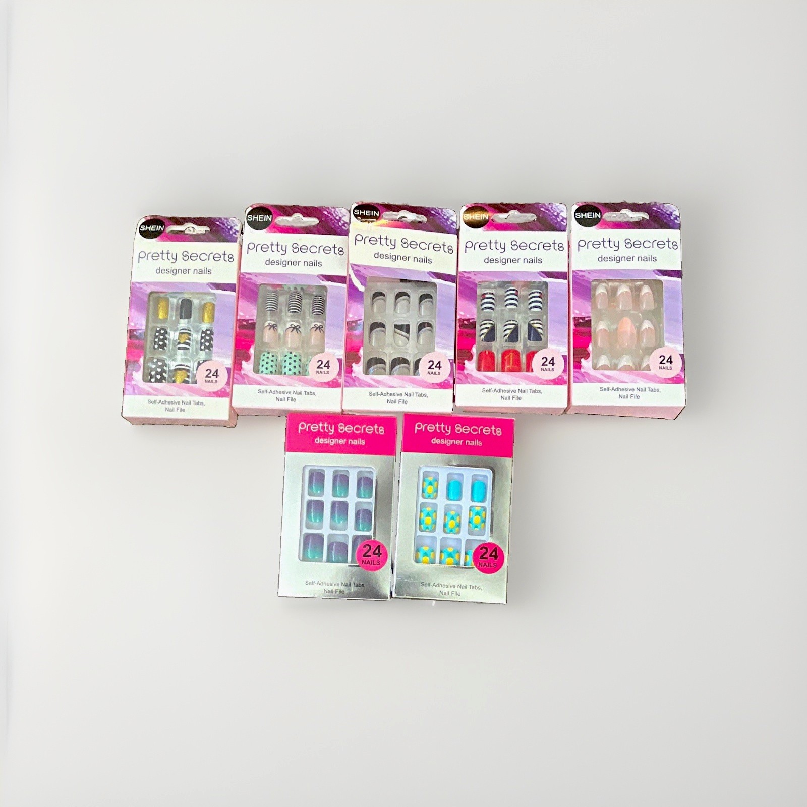 SHEIN Pretty Secrets Press-On Nails Lot of 7 Self-Adhesive 24 Each Glossy