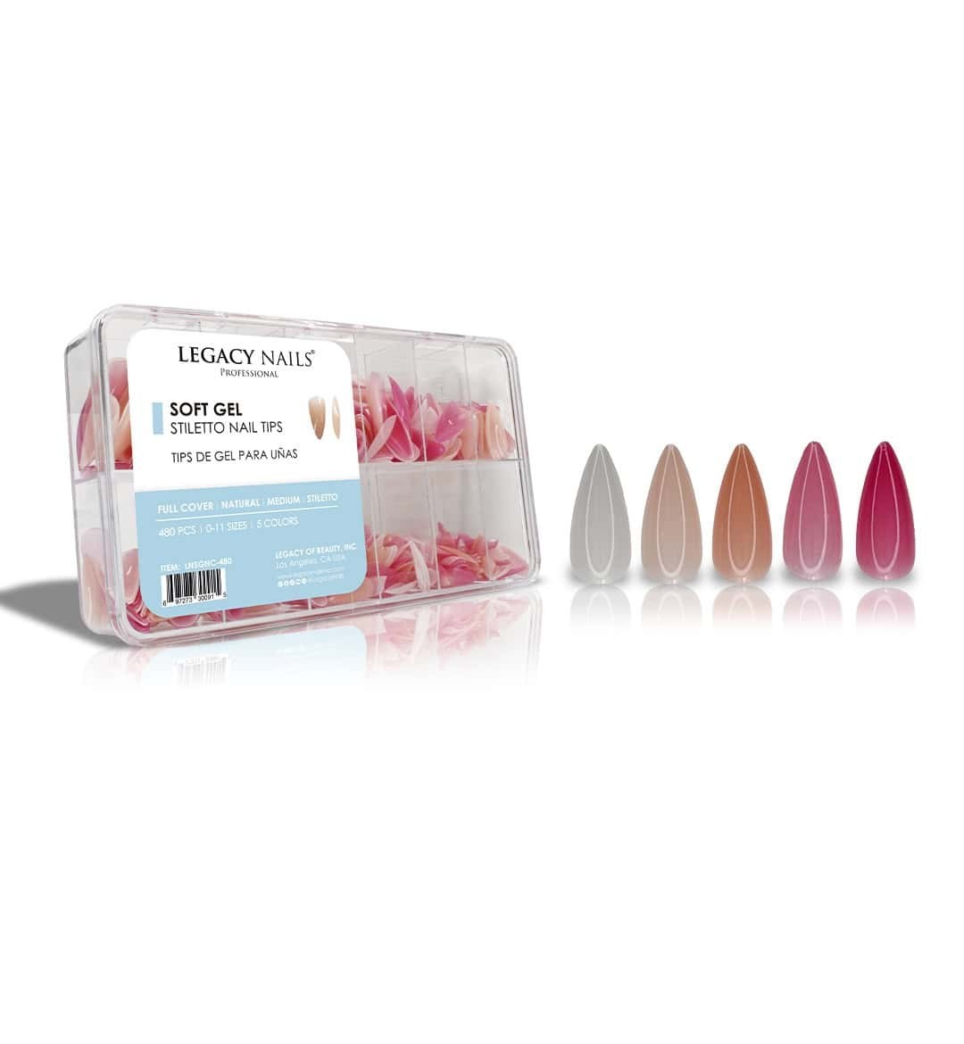 Legacy Nails Soft Gel Medium Stiletto Nails Tips 480Pcs 5 Colors + Special 4in1