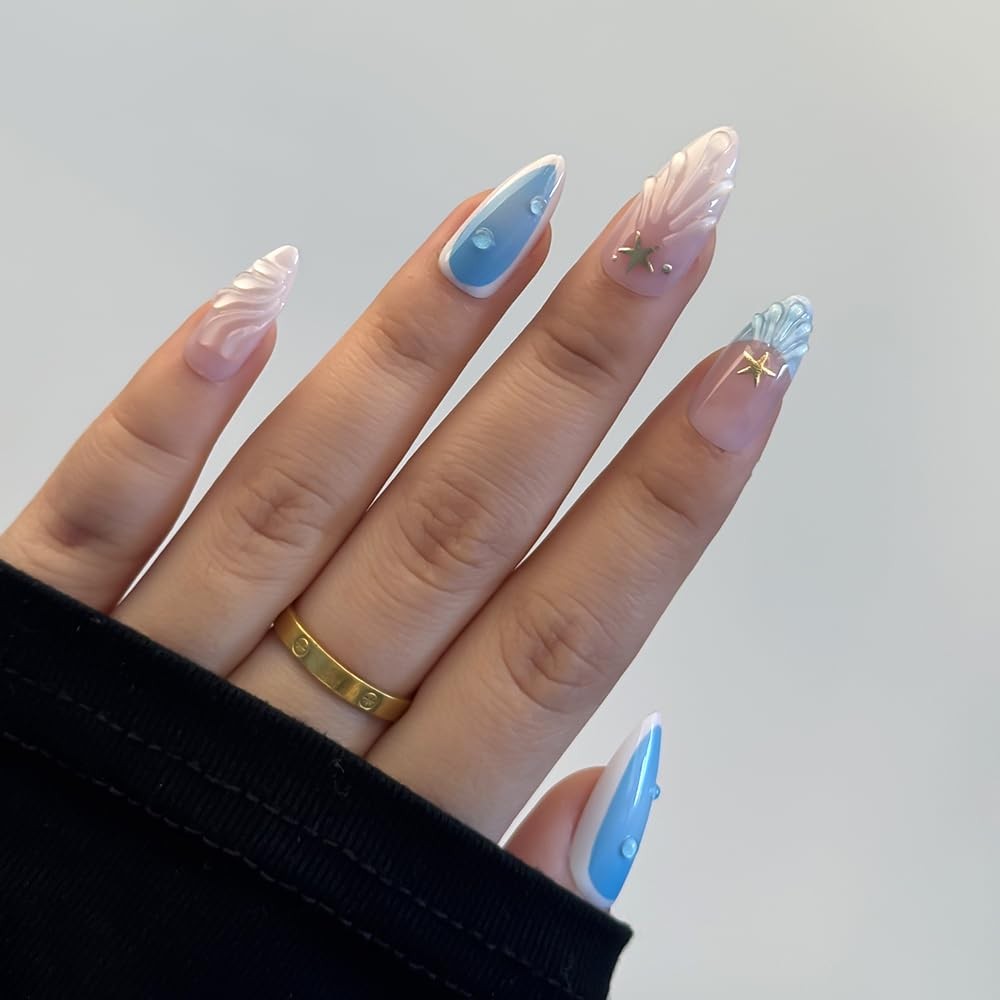 Mermaid Press on Nails for – Ocean French Tip with Gold Stars & 3D Waves, No …