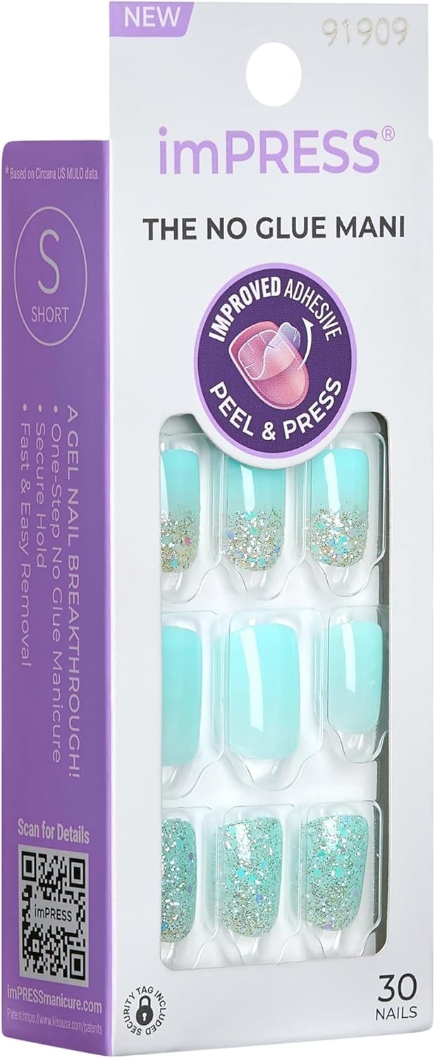 KISS imPRESS No Glue Mani Press On Nails Eternity Medium Blue Short Squoval