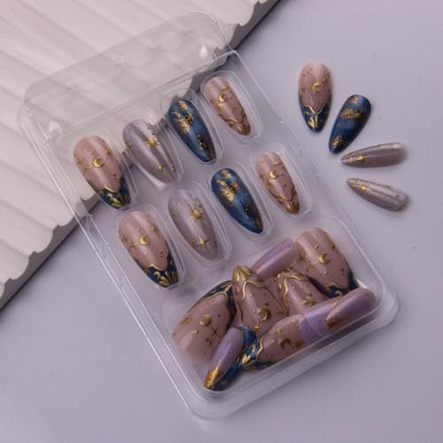 Short Almond Fake Nails – Gold Star Moon Sun Acrylic – Style 7