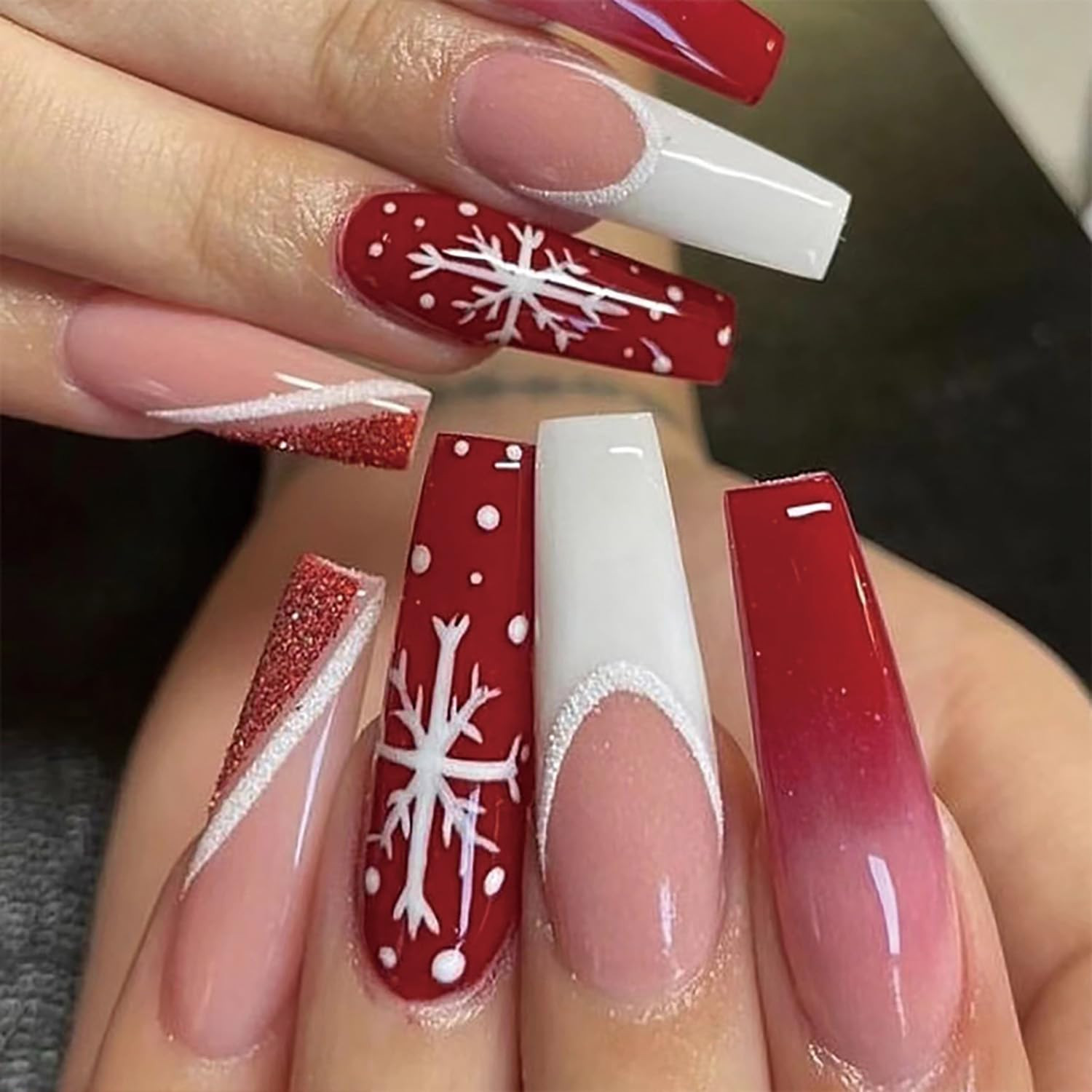 Christmas Artificial Fake Nails, Press on Nails Square Long Length, 24Pcs Glossy