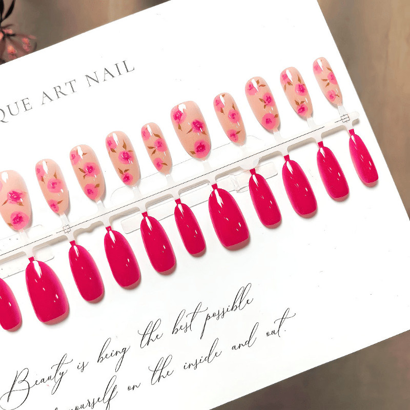 60pcs Almond Press on Nails, Wine Red Solid Blush Rose Floral Glossy Nails